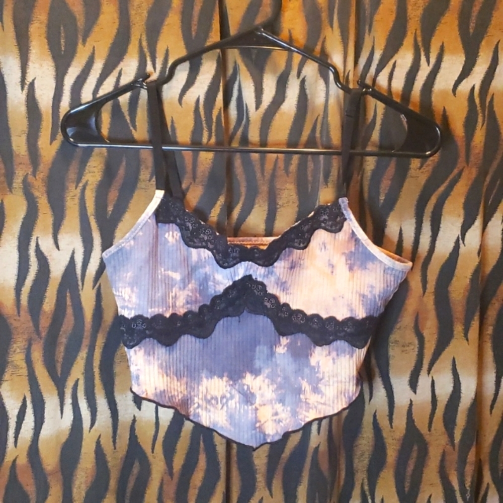 Blue & Cream Tie Dye w/ Black Lace Trim Tank Top Fairy Pixie Festival Top